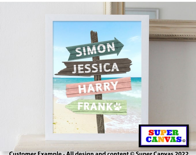 Family Street Sign Post Personalised with Names Beach Hut Picture Wall Art Framed Print Mum Dad Husband Wife Friend Birthday Wedding Gift