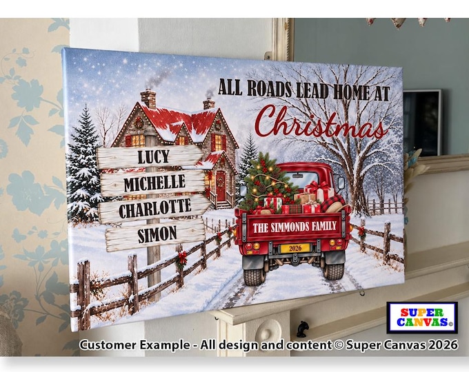 Personalised Christmas Family Custom Names Framed Canvas Print Christmas Truck Wall Art Home Decor Gift for Friend Husband Wife Parents Gift