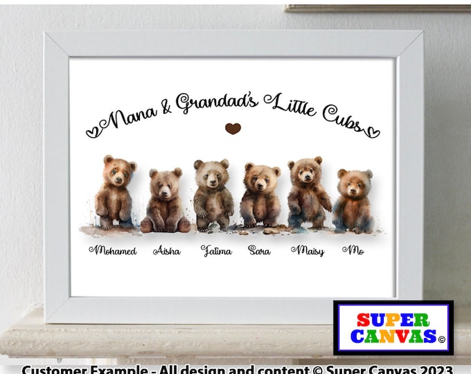 Teddy Bear Grandchildren Personalised Animal Family Picture Framed A4 Print Handmade Gift for Grandparents Nana Grandad Birthday Card Gift