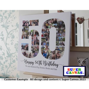 Pu&ograve; includere: Una stampa su tela bianca con un collage di foto per un 50&deg; compleanno. Le foto sono disposte a forma di 50. Il testo "Happy 50th Birthday" &egrave; scritto sotto il collage, insieme ai nomi "Fry, Dowie, Boris e Ian". Il testo "SUPER CANVAS" &egrave; in un logo colorato in basso a destra.