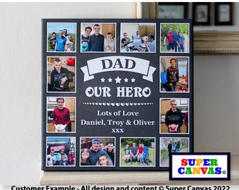 Dad Daddy Our Hero Custom Personalised Daddy Dad Grandad 12 Picture Photo Collage Board Family Wall Art Framed Canvas Print Birthday Gift