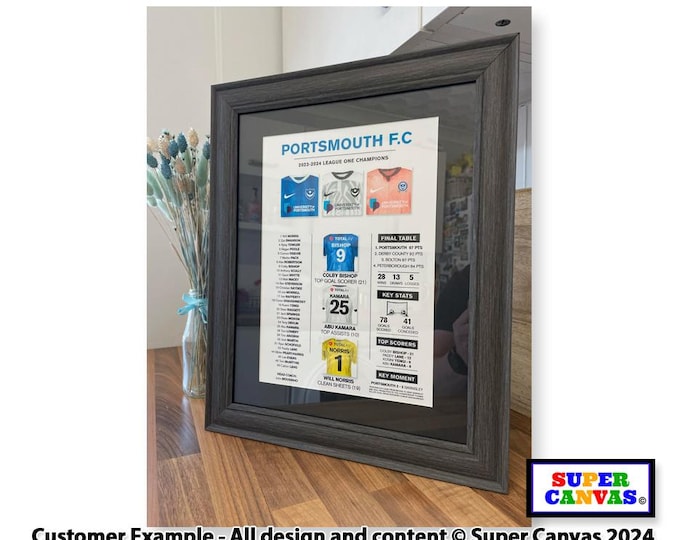 Portsmouth FC Pompey Football Club 23/24 League One Winners Champions Team Stats Fan Poster Wall Art Framed A4 A3 Card Print Birthday Gift