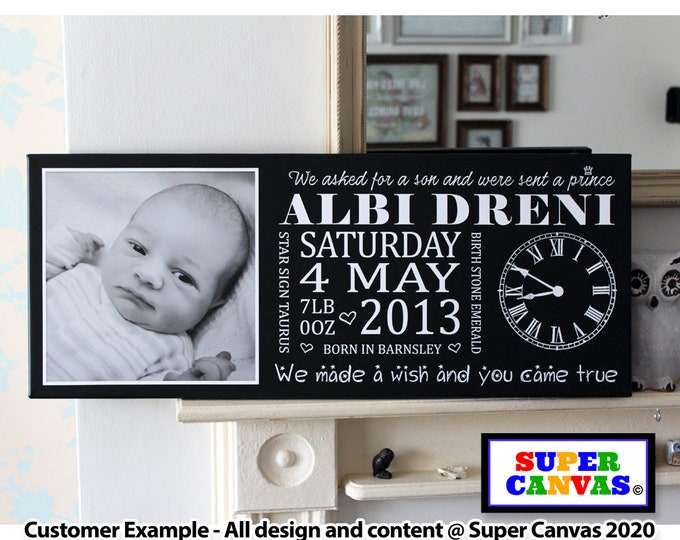 Baby Child Name Birth Details Newborn Baby Son Daughter Nursery Wall Art Framed Canvas Photo Print 1st Birthday Welcome to the World Gift