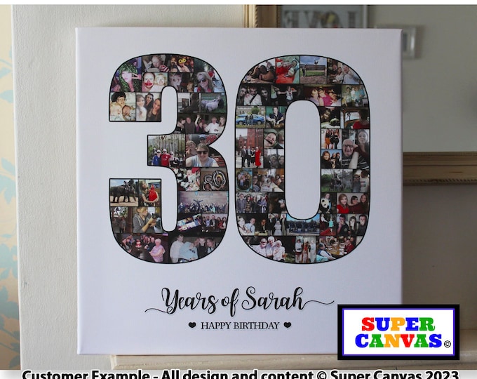 30th Birthday Number 30 Picture Photo Collage Display Framed Canvas Print Partner Girlfriend Boyfriend Husband Wife Friend 30th Unique Gift