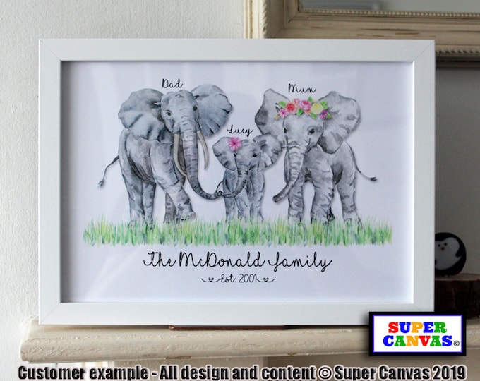 Elephant Family Portrait Personalised Custom Animal Family Handmade Picture Framed Print Grandparents Friend Mum Sister Birthday Card Gift