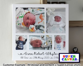 Newborn Baby Boy Girl Personalised Family Baby 5 Picture Photo Wall Art Framed Canvas Print New Parents Grandparents Friend New Baby Gift