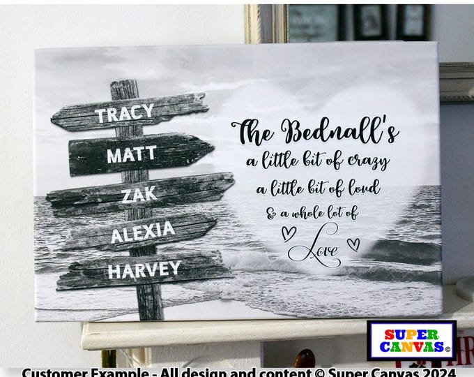 Family Street Sign Post Beach Picture Personalised with Family Name Unique Wall Art Framed Canvas Print Friend Partner Mum Dad Birthday Gift