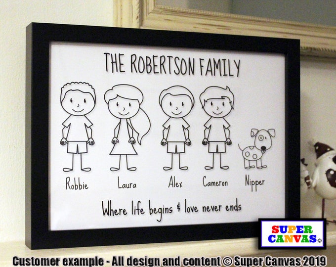 Family Cartoon Stick Man Personalised Custom Family Portrait Picture Framed Family Print Unique Handmade Friend Mum Dad Wife Husband Gift