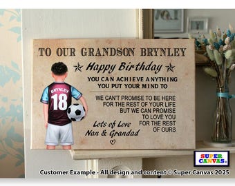 Grandchild Football Fan Personalised Grandson Footballer Picture Wall Art Framed Canvas Print Unique Grandson Grandchild Birthday Gift