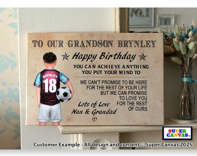 Grandchild Football Fan Personalised Grandson Footballer Picture Wall Art Framed Canvas Print Unique Grandson Grandchild Birthday Gift