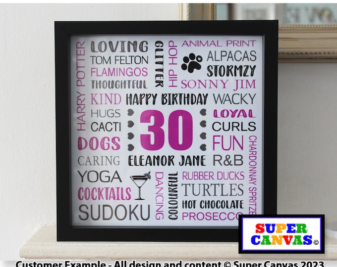 Happy 30th Birthday Custom Son Daughter Sister Wife Husband Mum Dad Friend Personalised 30th Birthday Word Art Framed Print Handmade Gift