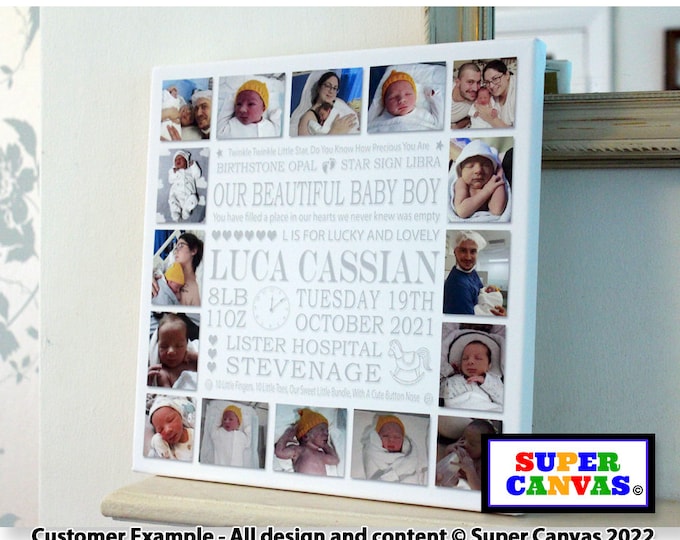 Newborn Baby Personalised Custom Baby Girl Boy Birth Details Family Wall Art 12 Picture Photo Frame Collage Framed Canvas Print Gift