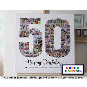 Pu&ograve; includere: Una stampa su tela bianca con un collage fotografico del numero 50. Il numero &egrave; composto da foto pi&ugrave; piccole di persone. Il testo "Buon compleanno" &egrave; scritto sotto il numero. Il testo "Le amicizie portano bei ricordi" &egrave; scritto sotto il testo "Buon compleanno". Il testo "Super Canvas" &egrave; scritto in un logo colorato sotto il testo "Le amicizie portano bei ricordi".