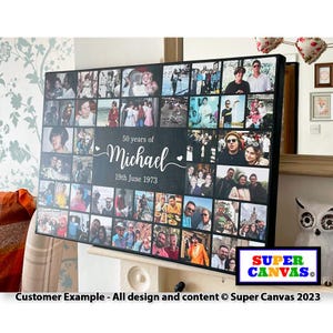 May include: A black and white photo collage canvas with a black background. The canvas features a grid of photos of a person's life, with a title that reads "50 years of Michael 19th June 1973".
