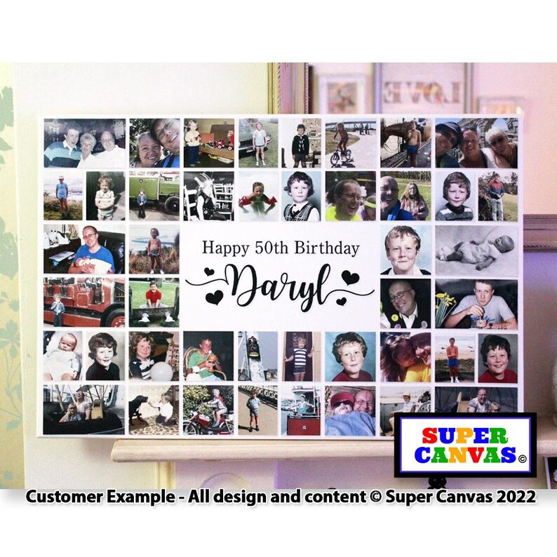 May include: A collage of photos on a canvas with a white background. The photos are arranged in a grid pattern and feature a variety of people and places. The text "Happy 50th Birthday Daryl" is printed in black cursive font with two hearts on either side of the name. The text "SUPER CANVAS" is printed in a rainbow font in the lower right corner of the canvas.
