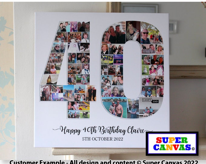 40th Birthday Number Shape Photo Collage Board Framed Canvas Photo Wall Art Print Husband Wife Son Daughter Sister Brother Friend 40th gift