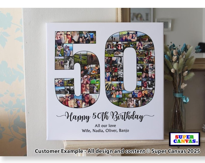 50th Birthday Custom Picture Photo Display Board Number Collage Framed Canvas Print Gift for Mum Dad Son Daughter Friend 50th Birthday gift