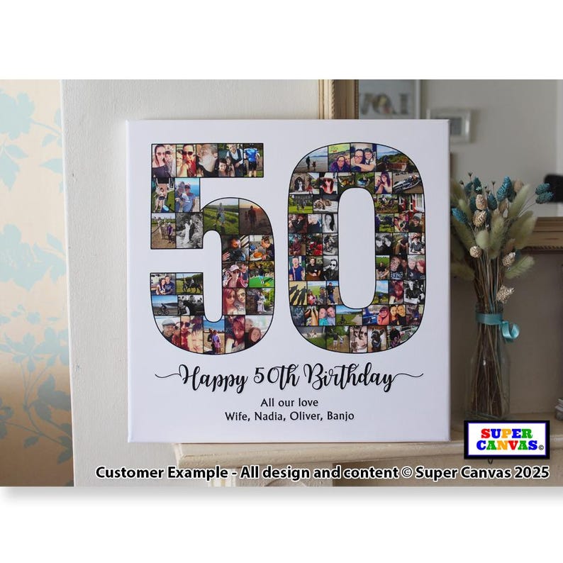 50th Birthday Custom Picture Photo Display Board Number Collage Framed Canvas Print Gift for Mum Dad Son Daughter Friend 50th Birthday gift immagine 1