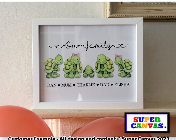 Family Tortoise Turtle Personalised Handmade Family Portrait Picture Framed Custom Print Friend Mum Dad Grandparents Wife Birthday Card Gift