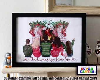 Family Christmas Stockings Fireplace Personalised Custom Family Portrait Picture Wall Art Handmade Framed Print Birthday Mum Dad Friend Gift