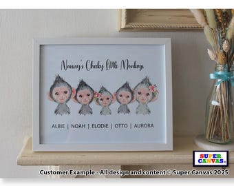 Handmade Grandchildren Cute Monkey Family Personalised Portrait Picture Framed A4 A3 Print Gift for Nana Grandad Birthday Christmas Gift