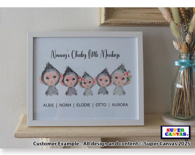 Handmade Grandchildren Cute Monkey Family Personalised Portrait Picture Framed A4 A3 Print Gift for Nana Grandad Birthday Christmas Gift
