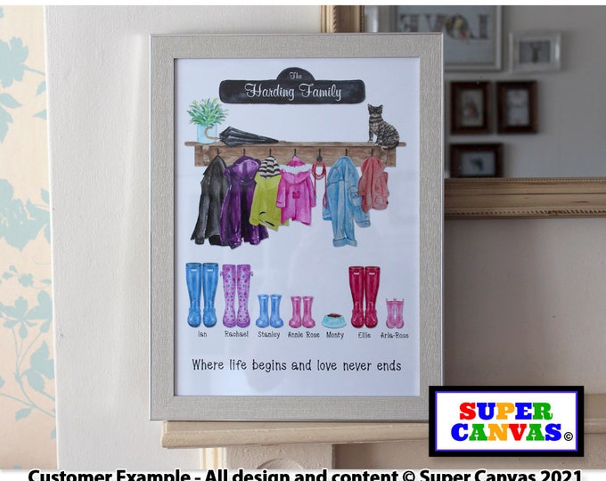 Family Coat & Wellie Boot Personalised Family Portrait Wall Art Framed Print Handmade Gift for Friend Mum Dad Grandparent Birthday Gift