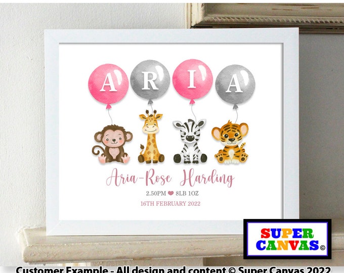 Safari Jungle Animal Baby Girl Name Personalised Nursery Picture Framed A4 A3 Print Daughter Handmade Christening 1st Birthday Card Gift