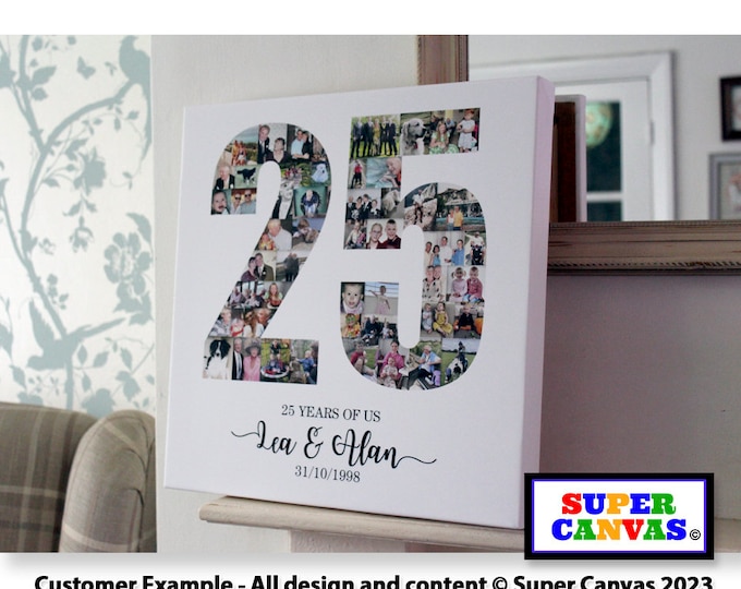 Silver 25th Wedding Anniversary 25 Years Photo Picture Collage Party Display Board Framed Canvas Print Personalised Mum Dad Grandparent Gift