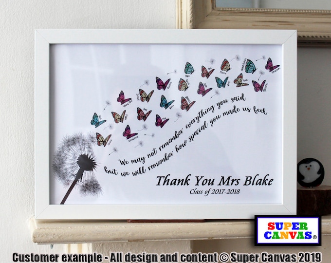 Handmade Thank You Teacher Personalised Butterfly Picture Framed A4 Print Pre School Nursery Teacher Thank you Gift Card from pupil children