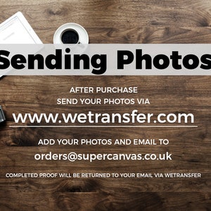 Pu&ograve; includere: Un tavolo di legno con una macchina fotografica, una tazza di caff&egrave;, un tablet e diverse fotografie. Il testo sul tavolo dice "Sending Photos", "AFTER PURCHASE", "SEND YOUR PHOTOS VIA", "www.wetransfer.com", "ADD YOUR PHOTOS AND EMAIL TO", "orders@supercanvas.co.uk", "COMPLETED PROOF WILL BE RETURNED TO YOUR EMAIL VIA WETRANSFER", e "SUPER CANVAS."