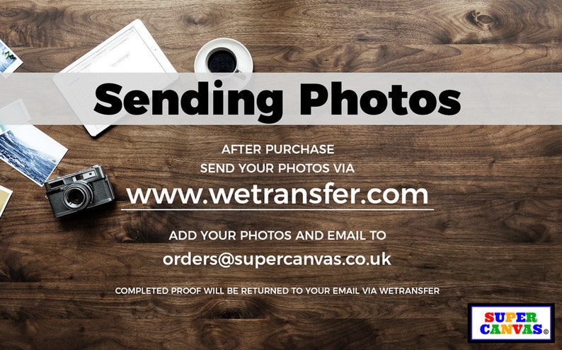 Pu&ograve; includere: Un tavolo di legno con una macchina fotografica, una tazza di caff&egrave;, un tablet e diverse fotografie. Il testo sul tavolo dice "Sending Photos", "AFTER PURCHASE", "SEND YOUR PHOTOS VIA", "www.wetransfer.com", "ADD YOUR PHOTOS AND EMAIL TO", "orders@supercanvas.co.uk", "COMPLETED PROOF WILL BE RETURNED TO YOUR EMAIL VIA WETRANSFER", e "SUPER CANVAS."