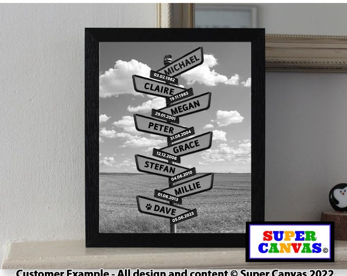 Family Street Sign Post Personalised with Names Handmade Custom Picture Wall Art Framed Print Mum Dad Grandparent Friend Wife Husband Gift