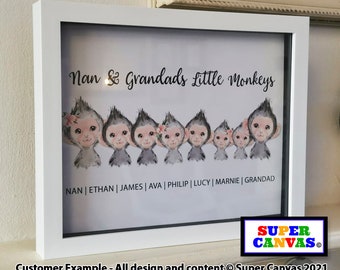 Handmade Grandchildren Cute Monkey Family Personalised Portrait Picture Framed A4 A3 Print Gift for Nana Grandad Birthday Card Present Gift