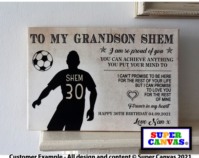 Grandson Personalised Grandson Footballer Custom Football Theme Word Art Picture Wall Art Framed Canvas Print Grandchild Birthday Gift