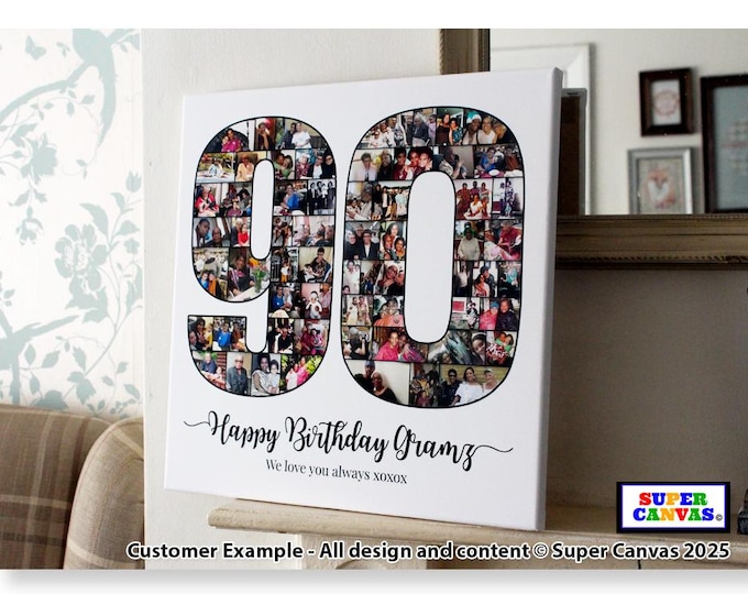Happy 90th Birthday Personalised Mum Dad Grandad Nana Friend Grandma Nan 90th Birthday Picture Photo Collage Board Framed Canvas Print Gift