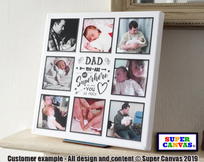 Dad Daddy My Superhero Handmade Custom Dad Daddy 8 Picture Photo Collage Board Wall Art Framed Canvas Print Birthday Gift for Dad Daddy Gift
