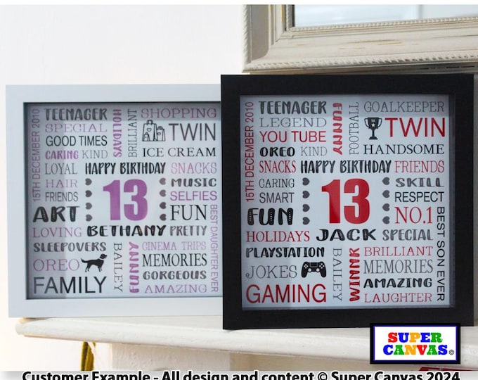 Happy 13th Birthday Personalised Teenager Son Grandson Brother Granddaughter Sister Daughter 13th Birthday Framed Word Art Print Card Gift