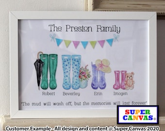 Family Wellie Boot Personalised Family Boots Portrait Handmade Framed Family Picture Print Mum Dad Best Friend Wife Sister Birthday Gift