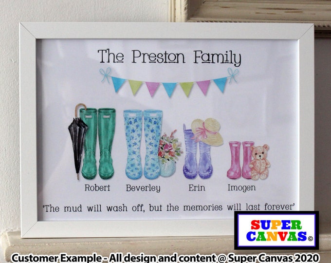 Family Wellie Boot Personalised Family Boots Portrait Handmade Framed Family Picture Print Mum Dad Best Friend Wife Sister Birthday Gift