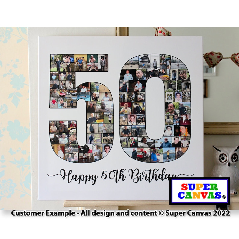 Pu&ograve; includere: Una tela bianca con un contorno nero del numero 50, riempito di piccole foto. Il testo "Happy 50th Birthday" &egrave; scritto in corsivo nero sotto il numero. Il logo "SUPER CANVAS" &egrave; nell'angolo in basso a destra.