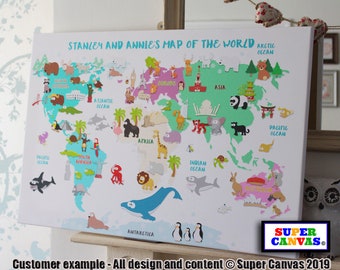 Animal World Map Personalised with Name Kids Baby Child Son Daughter Nursery Map Picture Wall Art Framed Canvas Print 1st Birthday Gift