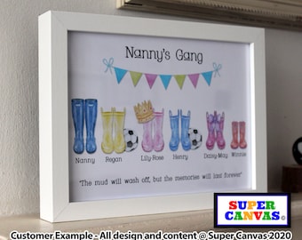 Grandparents Handmade Wellie Boot Personalised Grandchildren Custom Family Portrait Framed  Print Grandma Grandad Nana Birthday Gift Present