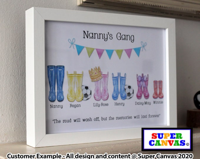 Grandparents Handmade Wellie Boot Personalised Grandchildren Custom Family Portrait Framed  Print Grandma Grandad Nana Birthday Gift Present