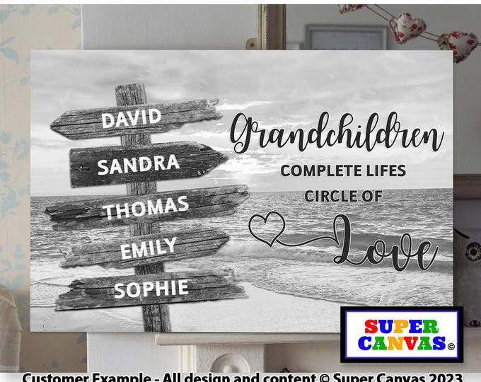 Grandchildren Family Street Sign Post Personalised with Names Beach Picture Frame Wall Art Framed Canvas Print Grandparent Nana Grandad Gift