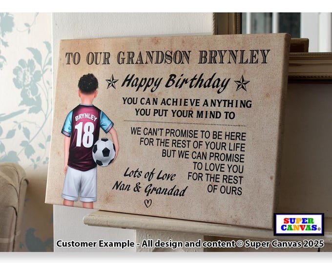 Happy Birthday Grandson Football Theme Customisable Birthday Word Art Footballer Picture Framed Canvas Print Birthday Grandson Gift Present