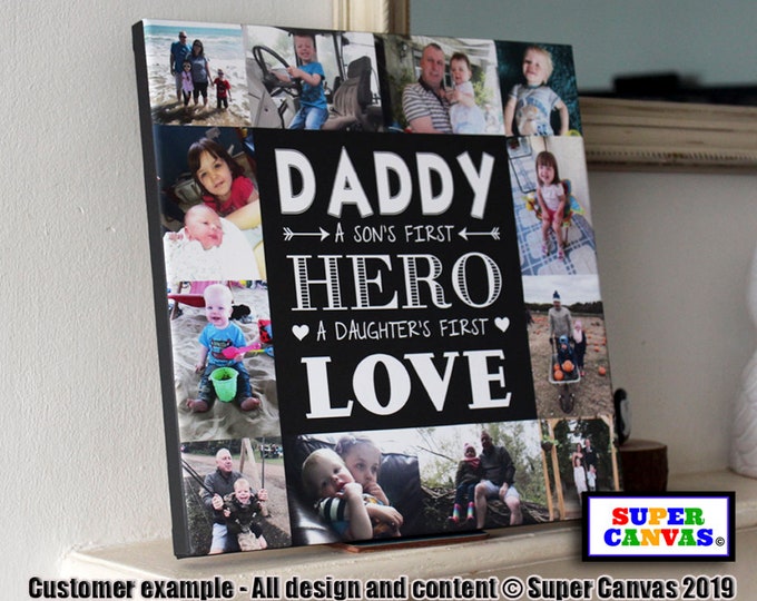 Dad Daddy Our Hero Custom Personalised Daddy Dad 12 Picture Photo Frame Collage Family Framed Canvas Print Handmade Dad Daddy Birthday Gift