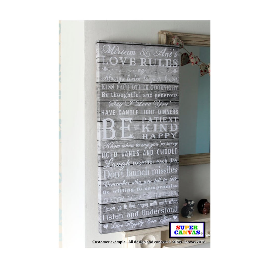 Personalised Handmade Couple Love Rules Wall Hanging Canvas Print Gift ...