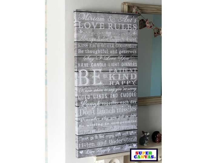 Couple Love House Rules Wife Husband Boyfriend Girlfriend Personalised Wood Effect Wall Art Framed Canvas Print Wedding Anniversary Gift