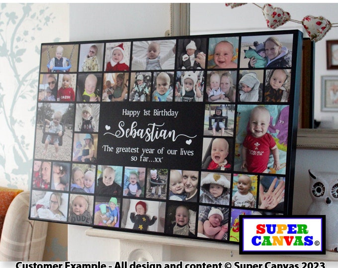 Happy 1st Birthday Personalised Baby Son Daughter Grandchild 1st Birthday Party Picture Photo Display Board Collage Framed Canvas Print Gift